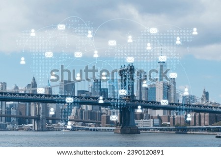 Brooklyn and Manhattan bridges with New York City financial downtown skyline panorama at day time over East River. Social media hologram. Concept of networking and establishing new people connections