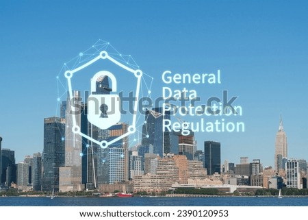 New York City skyline from New Jersey over the Hudson River towards the Hudson Yards at day. Manhattan, Midtown. GDPR hologram, concept of data protection, regulation and privacy for all individuals