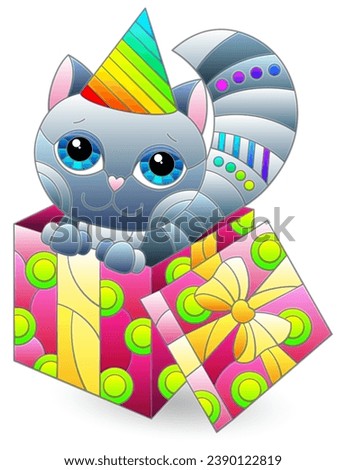 Stained glass illustrations with cute Christmas cat, animal isolated on a white background