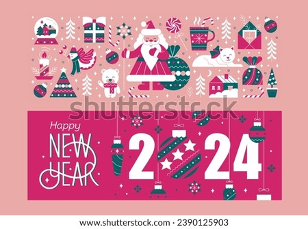 New Year vector collection of elements for postcards, stickers, posters. Template for the 2024 banner with Christmas toys.