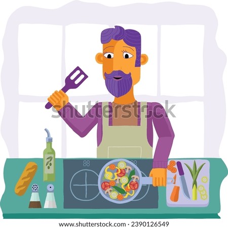 A scene of a man cooking or preparing a healthy meal like vegetable curry or Chinese food a kitchen. In an abstract cubist flat modern cartoon style