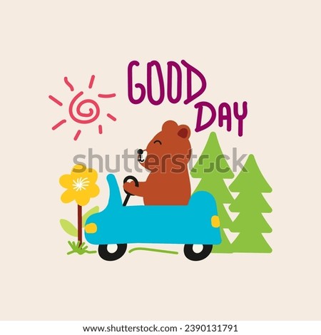 Cute bear driving a car, hand drawn illustration for for fabric, textile and print