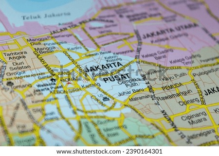 close up of central jakarta city on map Royalty-Free Stock Photo #2390164301