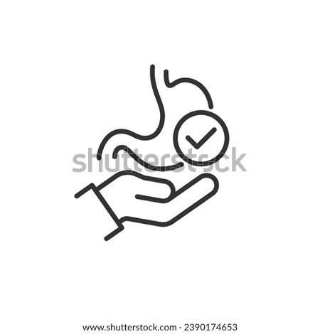 Hand holding healthy stomach vector line icon. Gastroenterology healthcare symptom examination treatment concept.