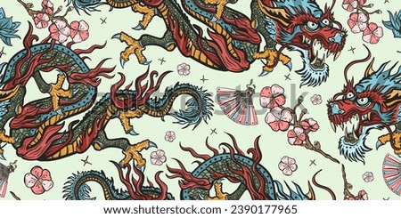 Dragons seamless pattern. Ancient China history and culture. Asian travel background. Chinese oriental art. Flying snakes, pink fan and lotus flowers
