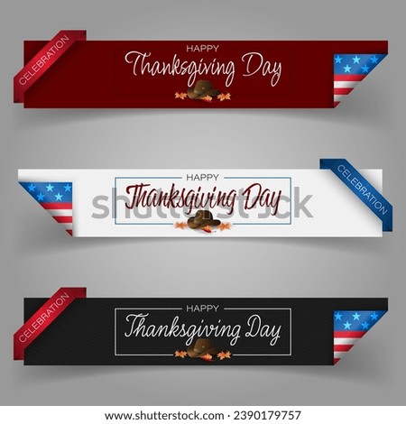 Web banners design with handwriting texts, farmer's hat and leaves in autumn colors for Thanksgiving day, celebration;