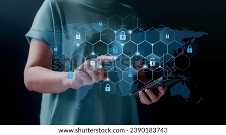Cybersecurity and privacy, protect data. Lock icon, internet network security technology. Protecting personal data on smartphone, virtual interfaces. Information future cybernetics, screen padlock.