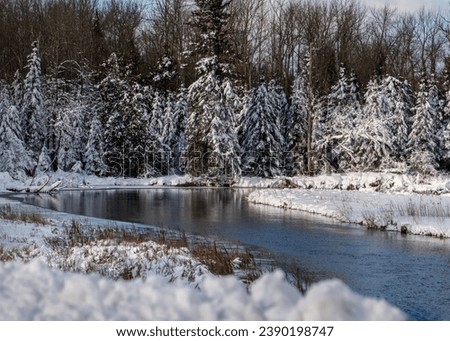 Boy River flowing through Snow covered Conifer Pine forest after a snow storm in the Chippewa National Forest, northern Minnesota USA Royalty-Free Stock Photo #2390198747