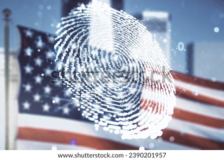 Multi exposure of virtual fingerprint scan interface on US flag and city background, digital access concept