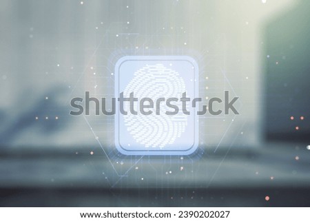 Abstract virtual fingerprint illustration on blurry contemporary office building background, personal biometric data concept. Multiexposure