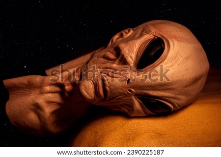 Alien's head against the backdrop of the starry sky.