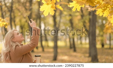 Autumn photo. Inspired woman. Mobile technology. Happy female shooting colorful maple leaves on smartphone in sunny park.