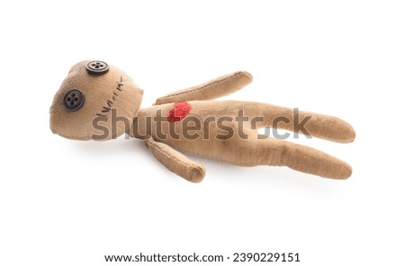 Voodoo doll with red heart isolated on white