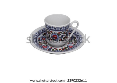 Turkish coffee mug, traditional beautiful coffee plate cups, Ottoman pattern, white background, isolated, white, vintage, old mug.