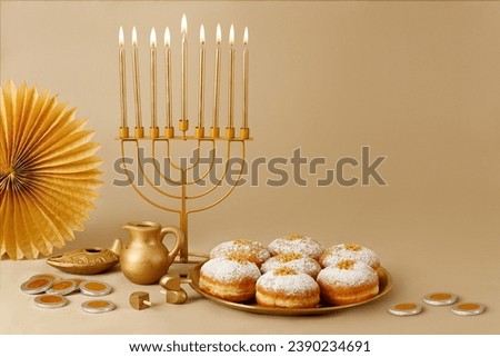 Jewish religious holiday Hanukkah, background with menorah (traditional candelabra) with  donut, wooden dreidel (spinning top), oil jug. Golden baner  Royalty-Free Stock Photo #2390234691