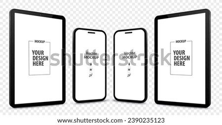 Mobile Phone and Tablet Computer Vector Mockup Illustration with Perspective View.  Mobile device blank screens isolated on transparent background.