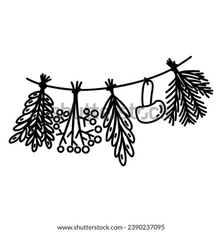 Bunches of herbs dried on rope with mushroom. Herbalism, folk medicine and tradition, naturopathy. Black and white vector isolated doodle illustration hand drawn Royalty-Free Stock Photo #2390237095