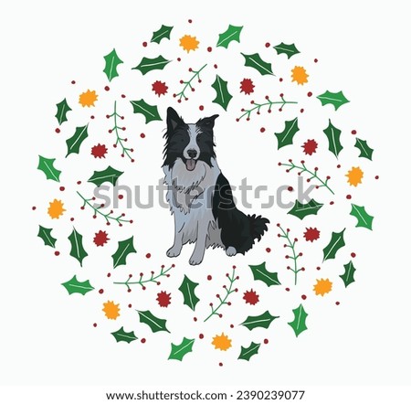 Christmas wreath with dog inside. Creative postcard with border collie. Christmas plant icons with dog illustration in the circle. Card holiday elements, holly plant. Mistletoe Christmas wreath design