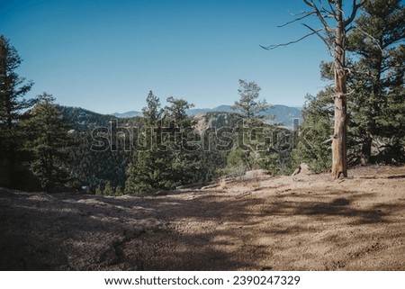 View of Pike National Forest mountains pine trees and rocky cliffs near Sedalia Colorado Royalty-Free Stock Photo #2390247329