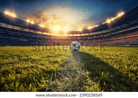 ball on the green field in soccer stadium. ready for game in the midfield Royalty-Free Stock Photo #2390258569