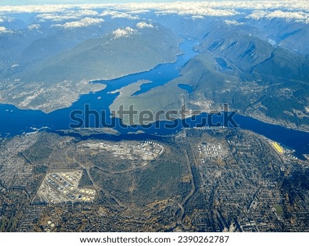 Vancouver, BC - November 16, 2023: Aerial views of Burrard Inlet and Indian Arm in the BC Lower Mainland
