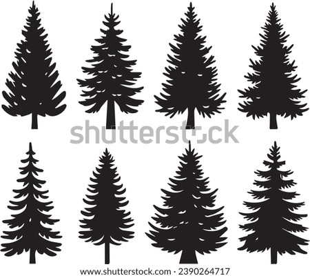 Silhouette Solid Vector Icon Set Of Christmas Tree, Yule, Fir tree, Tannenbaum, Evergreen, Conifer, Pine, Holiday, Festive, Decorated, Seasonal tree.