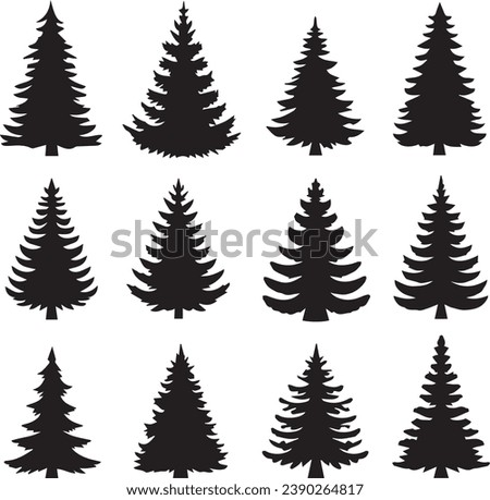 Silhouette Solid Vector Icon Set Of Christmas Tree, Yule, Fir tree, Tannenbaum, Evergreen, Conifer, Pine, Holiday, Festive, Decorated, Seasonal tree.