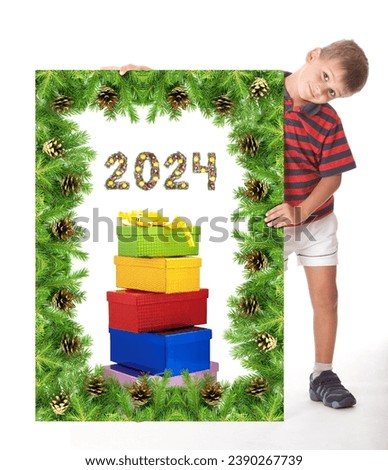 Boy  is holding a christmas poster and 2024 number made by christmas tree branches isolated on white background