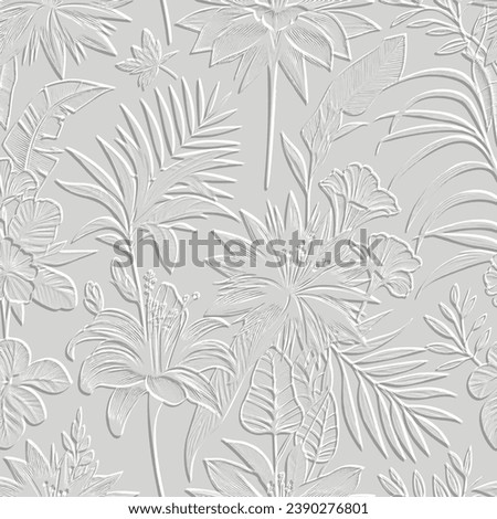 White Textured floral line art emboss tropical exotic flowers 3d seamless pattern. Relief vector background. Repeat embossed backdrop. Surface leaves, branches. 3d ornament with embossing effect. Royalty-Free Stock Photo #2390276801