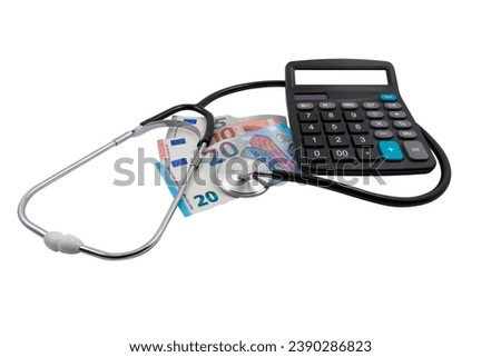 Medical stethoscope, calculator and money (euro) isolated on white background. Paid medicine concept. Medicine reform. Medical diagnosis and treatment
