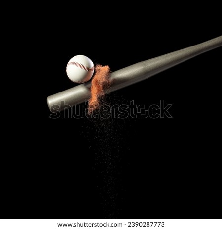 Baseball player hit ball with silver bat and sand soil explode in air. Baseball players in dynamic action hit ball smoke tail. Black background isolated freeze action