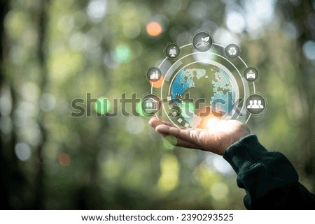ESG icon concept in the hand for environmental, social, and governance in sustainable and ethical business on the Network connection on a green background. environmental icon, banner and copy space