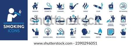 Smoking icon set. Containing cigarette, cannabis, smoke, vape, cigar, ashtray, nicotine and more. Solid vector icons collection.
