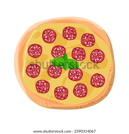 Pepperoni pizza with basil cartoon flat vector illustration. Traditional italian dish. Pastry food with sausage pieces and cheese for menu. Tasty Italian pizza. Colorful Restaurant Isolated Nutrition.