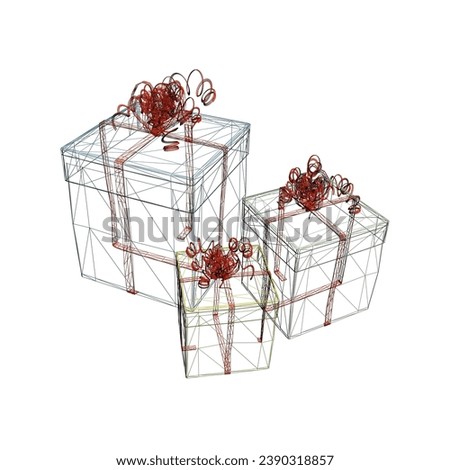 Wireframe of three gift boxes with ribbons isolated on white background. Visa perspective. 3D. Vector illustration.
