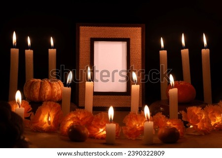 A Day of the dead altar with photo frame to change mockup candles and flowers
