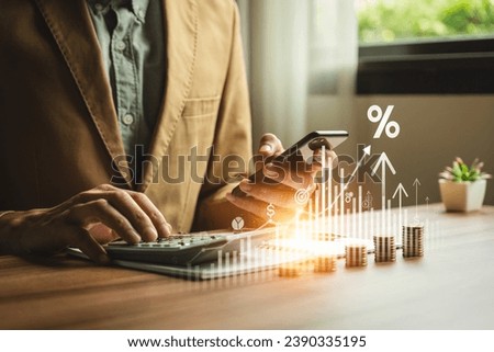 interest rates and dividends, investment returns, income, retirement Compensation fund, investment, dividend tax, Fixed Deposit, Savings Account, Stocks, Mutual Funds, economy, Bank monetary policy Royalty-Free Stock Photo #2390335195