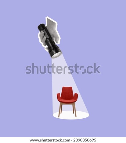 A hand holds a flashlight on an office chair. Contemporary art collage. Hiring and recruitment concept. Modern design.