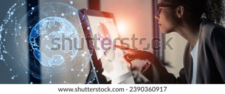 Young woman working in the office and global communication network concept. Information technology. Digital transformation.