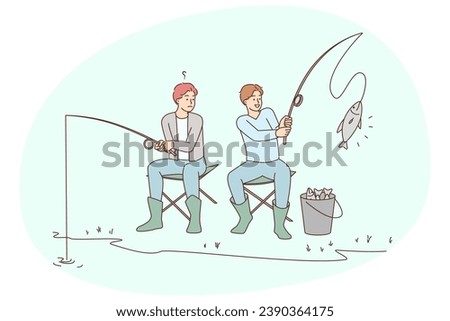Men sitting on river bank fishing. Guy frustrated with friend fish catch. Fishermen hobby outdoors. Vector illustration.