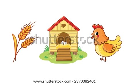 Set of cute chicken character, henhouse, wheat, grains. Farm animal and their homes, favorite food in cartoon style. Children design vector element  for activity books. Royalty-Free Stock Photo #2390382401