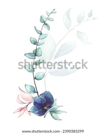 Watercolor arrangement with pink, blue, green, turquoise flowers, branches, leaves, eucalyptus twigs.