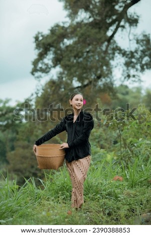 Young woman from an Indonesian village carrying a basket or basket made of woven bamboo. Asian village woman standing and walking in the village rice fields.