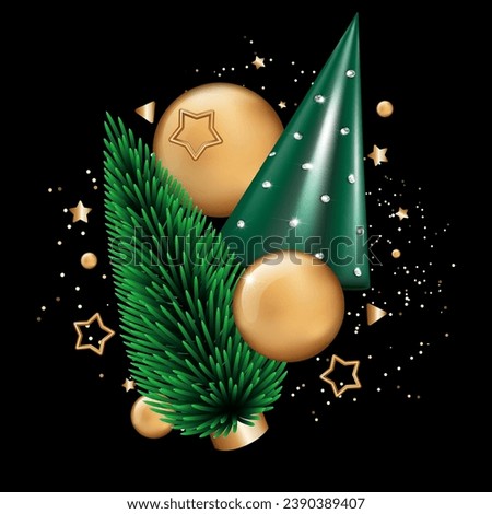 Winter composition with 3d cone trees and Christmas balls, stars and confetti. Creative holiday greeting design isolated on black background. Vector illustration.