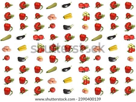 Background picture, wallpaper, created from pictures of various vegetables, zucchini, tomato, eggplant, potato. Repeated image on a white background.