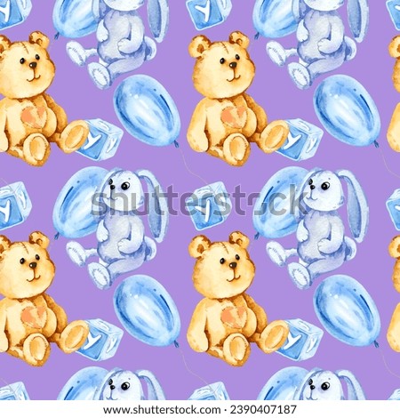 watercolor seamless pattern of child theme with a teddy bear, sitting toy blue bunny, different air balloons, blue and lilac cubes with letters isolated on lilac background