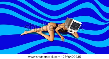 Elegant young woman with slim body and computer monitor against wavy blue background. Journalism. Contemporary art collage. Concept of creativity, summer vibe, travel, surrealism, abstract art