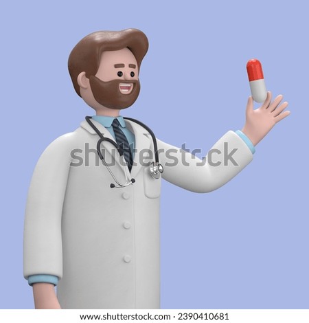 3D illustration of Male Doctor Iverson holds pill. Pharmaceutical consultation. Hospital assistant.Medical presentation clip art isolated on blue background.
