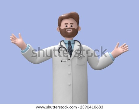 3D illustration of Male Doctor Iverson shows inviting gesture. Happy professional caucasian male specialist.Medical presentation clip art isolated on blue background.
