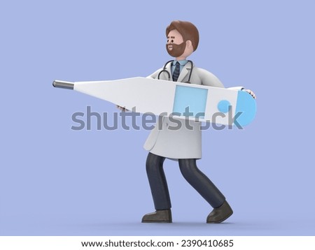 3D illustration of Male Doctor Iverson holds big thermometer,  Blank mockup with copy space.Medical presentation clip art isolated on blue background.
